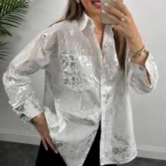 Zara Silver Foil Print Button Down Shirt White Long Sleeve Collared XS - Picture 1 of 12